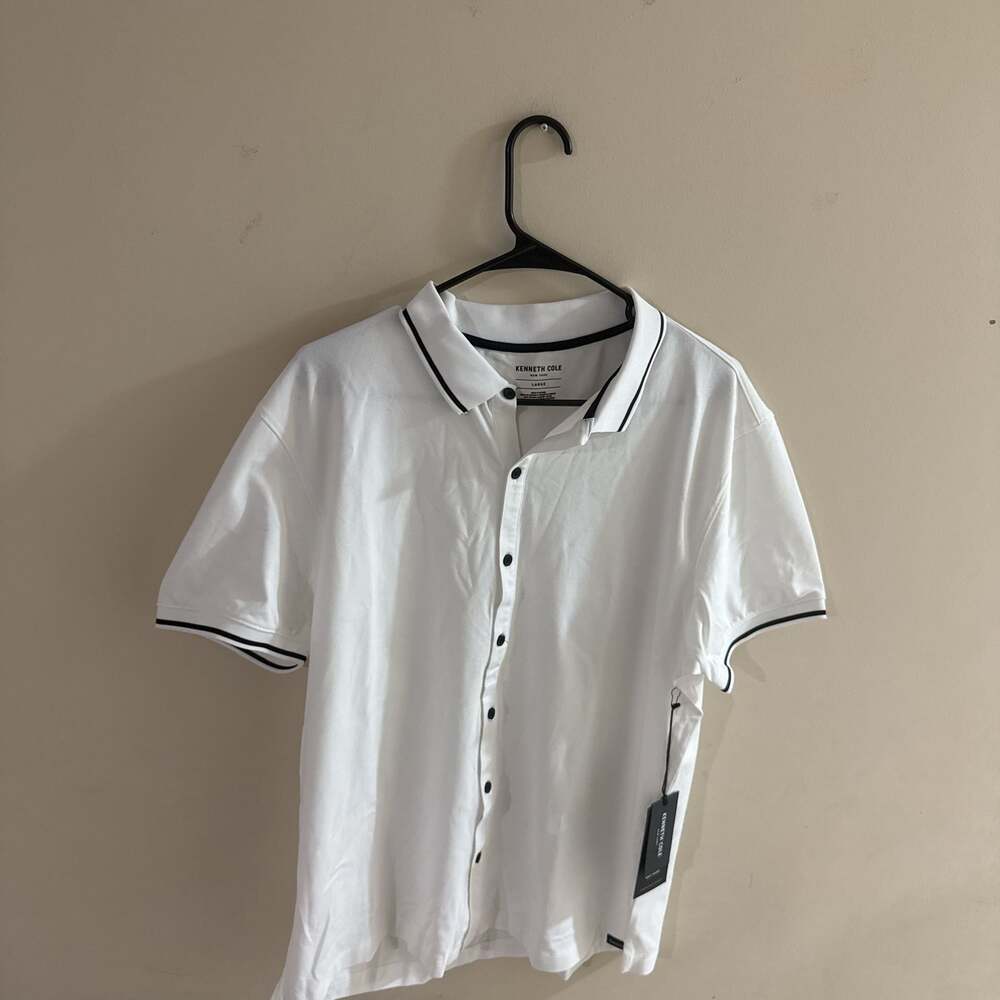 Kenneth Cole Men's White Button-Up Polo Shirt with Black Trim, Large